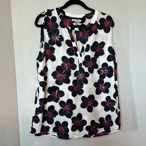 ROZ & ALI Floral Sleeveless Split Neck Blouse Ivory Red Blue XL
